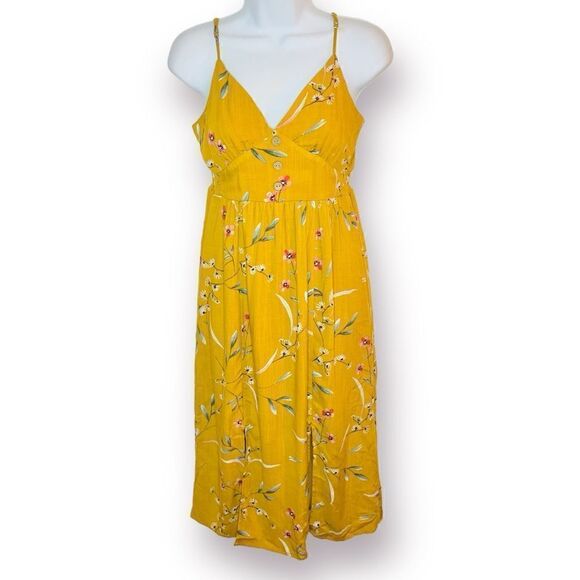 One Clothing Los Angeles Button Front Smocked Floral Midi Dress Mustard Yellow S - Picture 1 of 11
